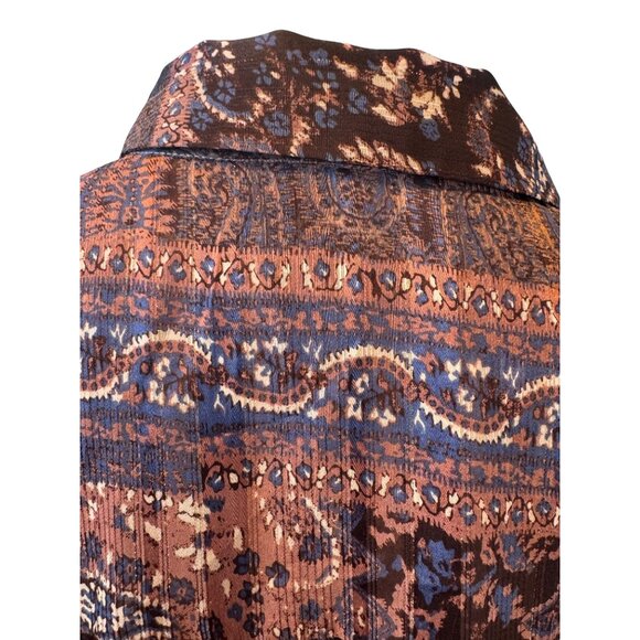 ZARA M Bohemian Brown Rust Blue Print Dolman Sleeve Button-Down Blouse - Picture 9 of 16